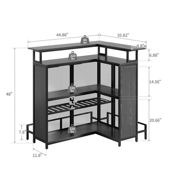 dimension image slide 1 of 2, Moasis Home Bar Unit L-shape Liquor Bar Table with 2-Tier Storage and Shelves