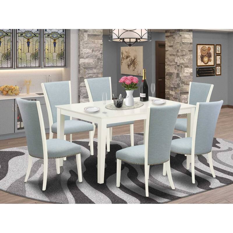 HomeStock 7-Piece Linen White Finish Solid Wood Top Dining Table with 6 Parson-Chairs