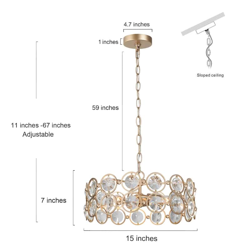 Calex Mid-Century Modern 3-Light Drum Gold Glam Lighting Crystal Chandelier for Dining Room - 15"L x 7"H
