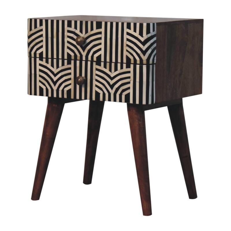 HomeRoots 23" Black White And Brown Solid Wood Geometric Bone Inlay Two Drawer Nightstand