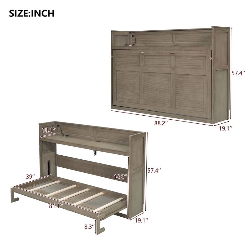 Twin XL Foldable Murphy Bed with Built-in Desk, USB Ports and LED Lighting, Pine Wood Frame, No Box Spring