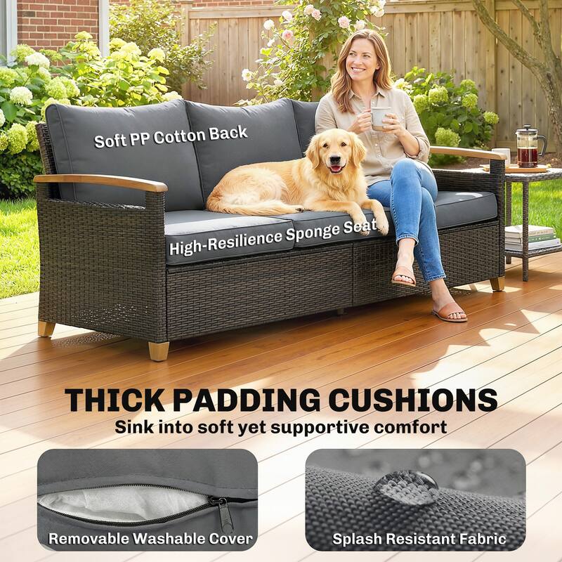 Outsunny 3 Seater Outdoor Couch Sofa, PE Wicker Patio Couch with Wide Deep Seating, 4" Foam Cushions