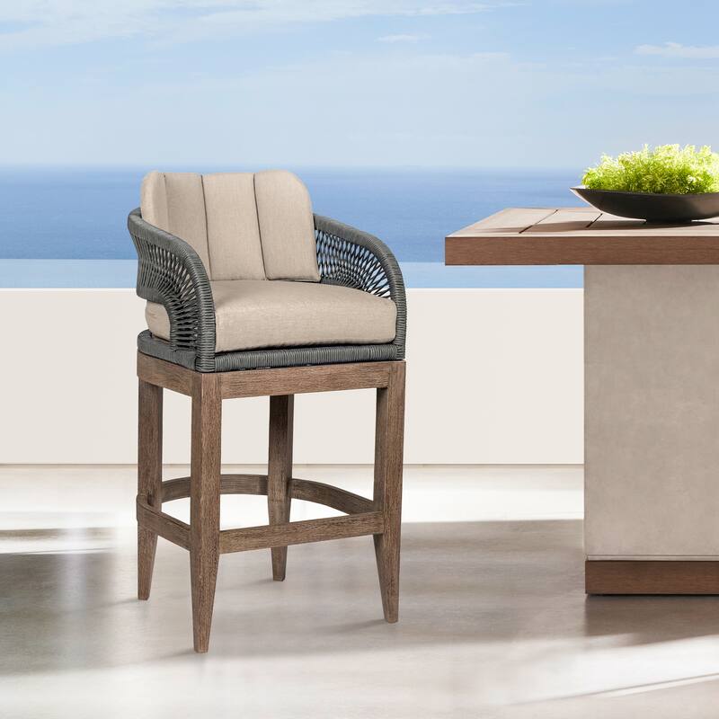 Orbit Boho Gray Rope and Solid Eucalyptus Wood Outdoor Bar Stool with Taupe Olefin Cushions