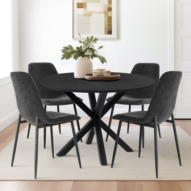 Round Dining Table Set for 4 with Upholstered Chairs and Pedestal Base