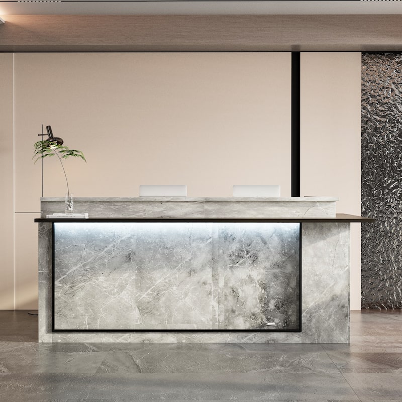 Marble Reception Desk LED Lighting L-Shaped Front Counter Storage Shelves Office, Salon, Hotel