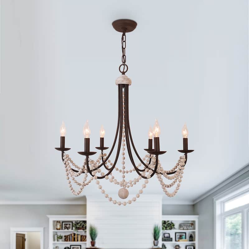 Oaks Aura Mid-Century 6-Light Wood Ceiling Light, Swing Arms French Country Boho Wood Beaded Chandelier