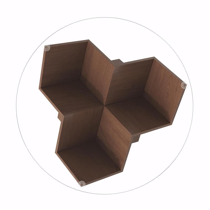 Round Coffee Table with Glass Top and Geometric Abstract Art Deco Base - Walnut, 35.4" with Storage Shelves