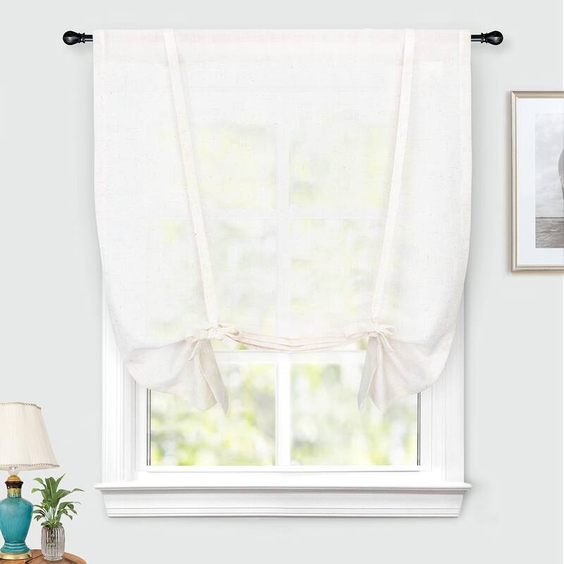 DriftAway Solid Linen Blend Sheer Voile Tie Up Decorative Adjustable Balloon Rod Pocket Curtains for Small Window