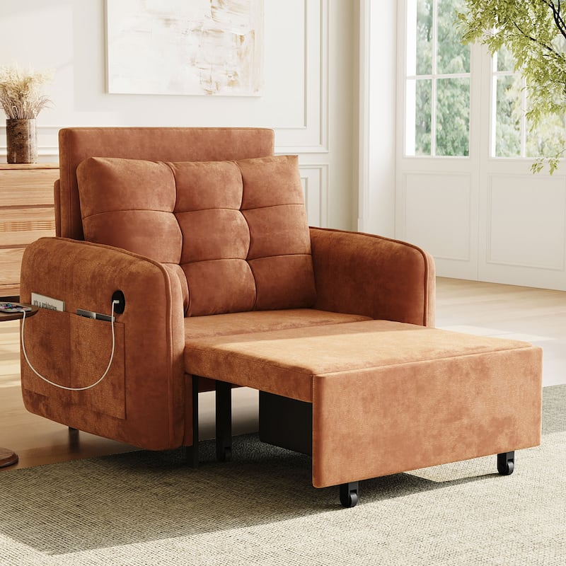 3-in-1 Chenille Accent Chair Convertible Sleeper Sofa Bed, 80" Extra Long Pull-out Chair Bed with USB and Type-C Ports