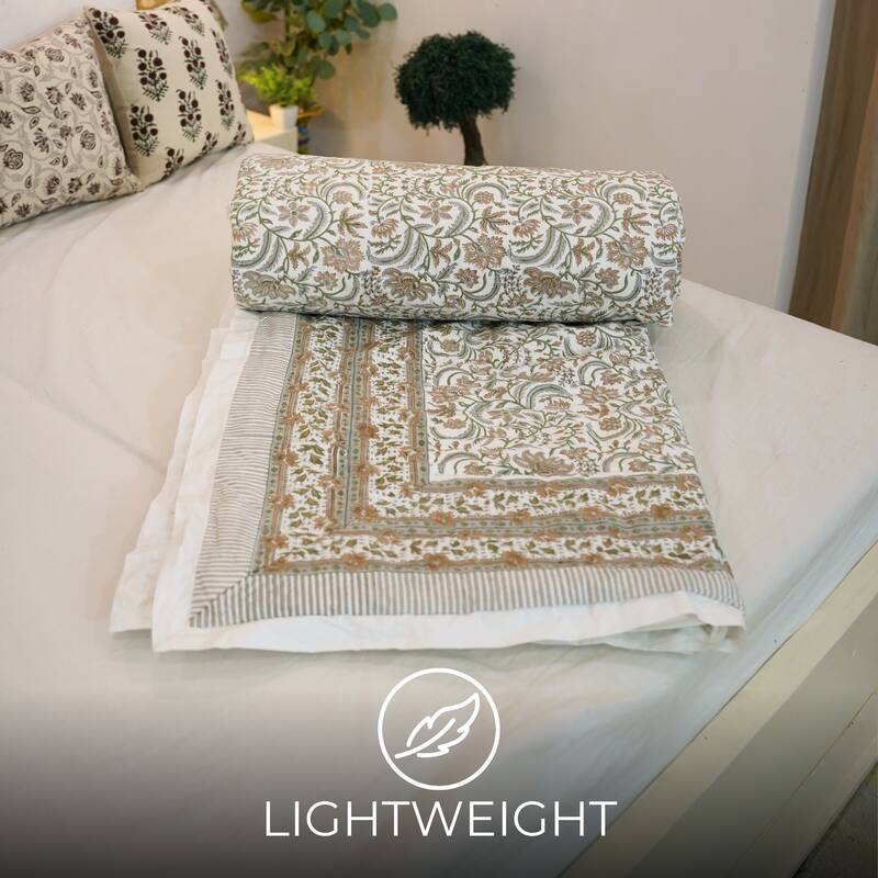 Fabdivine Luxury Hand Block Print Cotton Quilt Floral Boho Bedding for Bedroom & Sofa, Green Gray, Handmade Reversible Bedspread