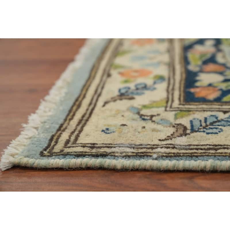 Hand Knotted Oriental 100% Wool Carpet Traditional Floral Navy Blue & Blues Kerman Area Rug - 10' 1'' X 7' 5''