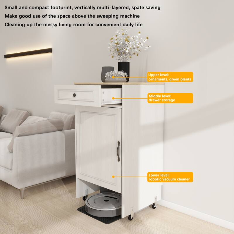 Anmytek Robot Vacuum Storage Cabinet with Drawer and Wheels Adjustable Charging Station Organizer