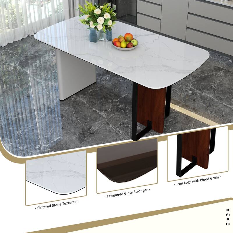 Rectangular White Dining Table with Sintered Stone Glass Top - 64" W x 34" D x 30" H