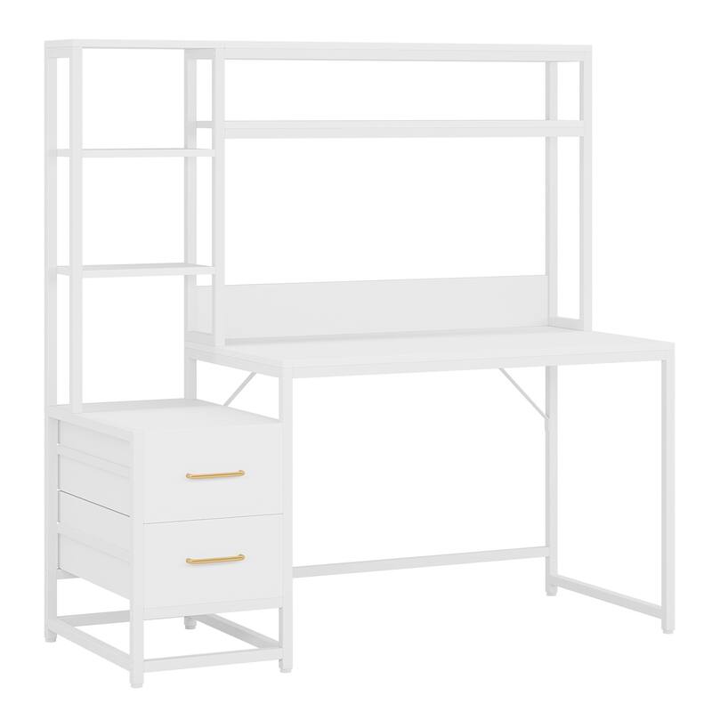 55" White Office Desk with Hutch