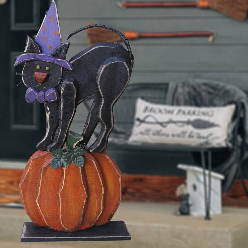 Wooden Black Cat on Pumpkin Halloween Tabletop Outdoor Decoration - 31"