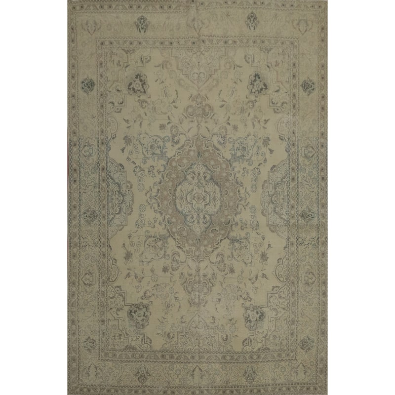 Hand Knotted Oriental 100% Wool Carpet Traditional Floral Beige & Ivories Tabriz Area Rug - 12' 6'' X 9' 4''