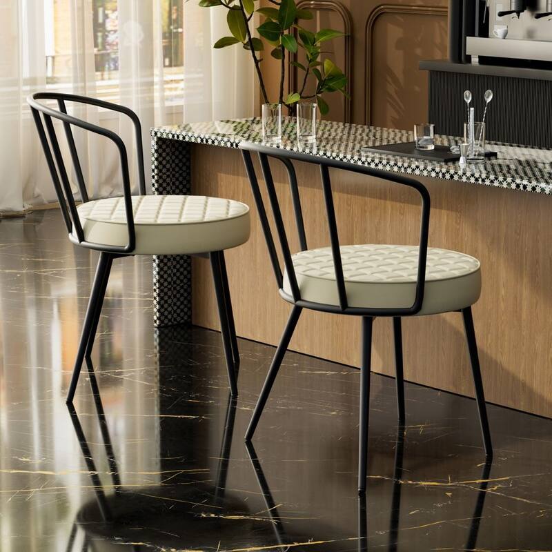 Set of 2 Leather Dining Chairs with Metal Frame - Beige