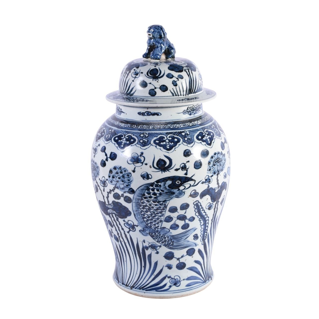Blue and White Fish Temple Jar