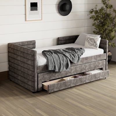 Twin Size Upholstered Daybed with Trundle and 3 Storage Drawers