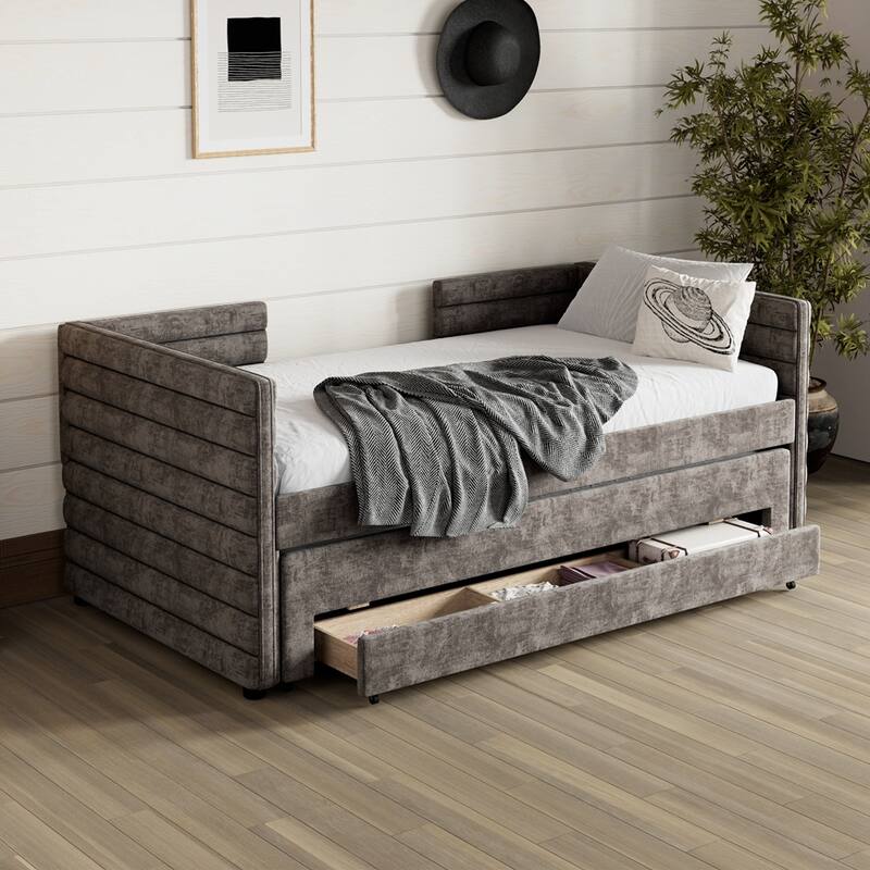 Upholstered Daybed with Trundle and 3 Storage Drawers,for Guest Room,Living Room