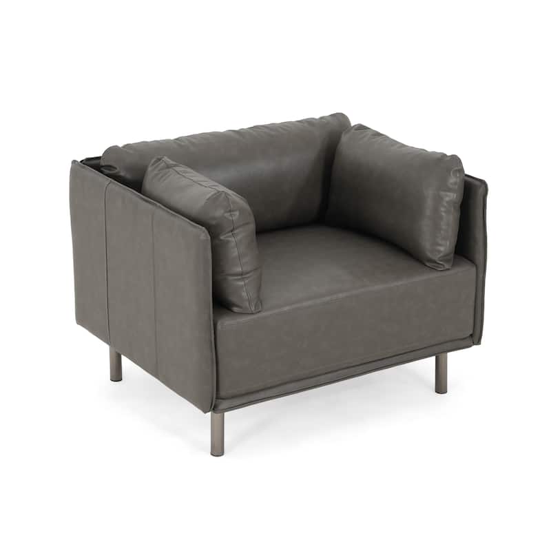 PU Leather Upholstered Lounge Chair, Accent Chair with Throw Pillow, Reading Chair with Solid Wood Frame & Steel Legs