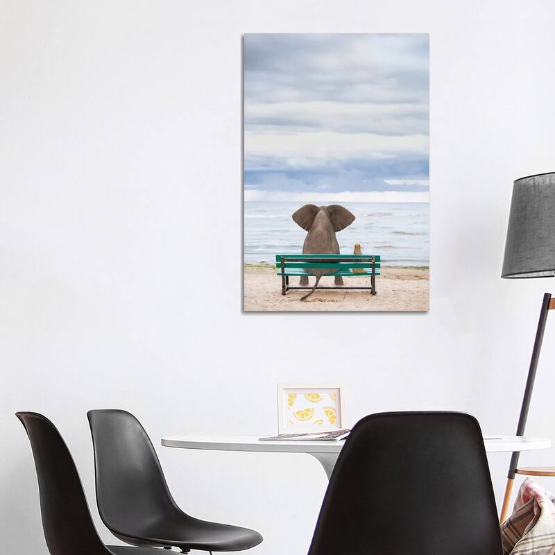 iCanvas "Elephant And Dog Sit On A Bench By The Sea II" by Mike Kiev Canvas Print - 40x26x1.5