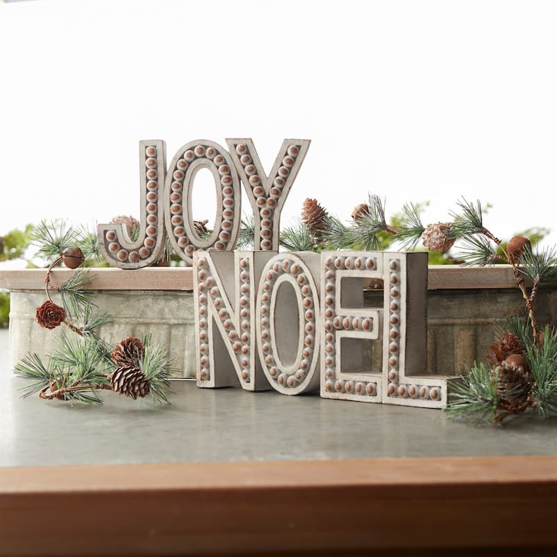 set of 2 white and brown noel and joy word block in resin 7"