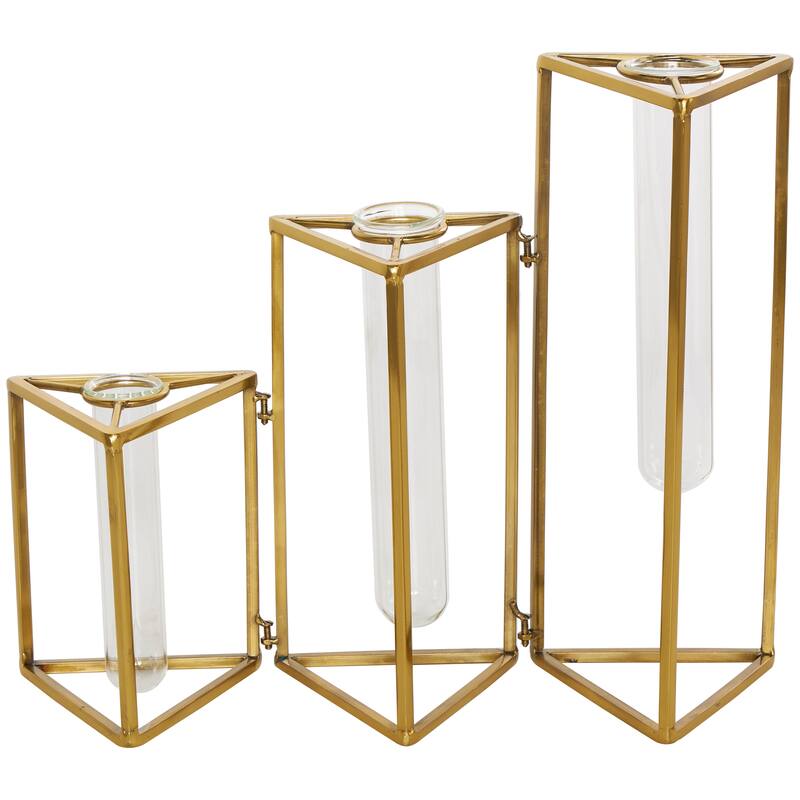 Stainless Steel Metal Foldable Test Tube Bud Vase with Triangular Frames - Gold - Roche River Decor - 4"W x 14"L x 12"H