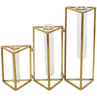 Stainless Steel Metal Foldable Test Tube Bud Vase with Triangular Frames - Gold - Roche River Decor - 4"W x 14"L x 12"H