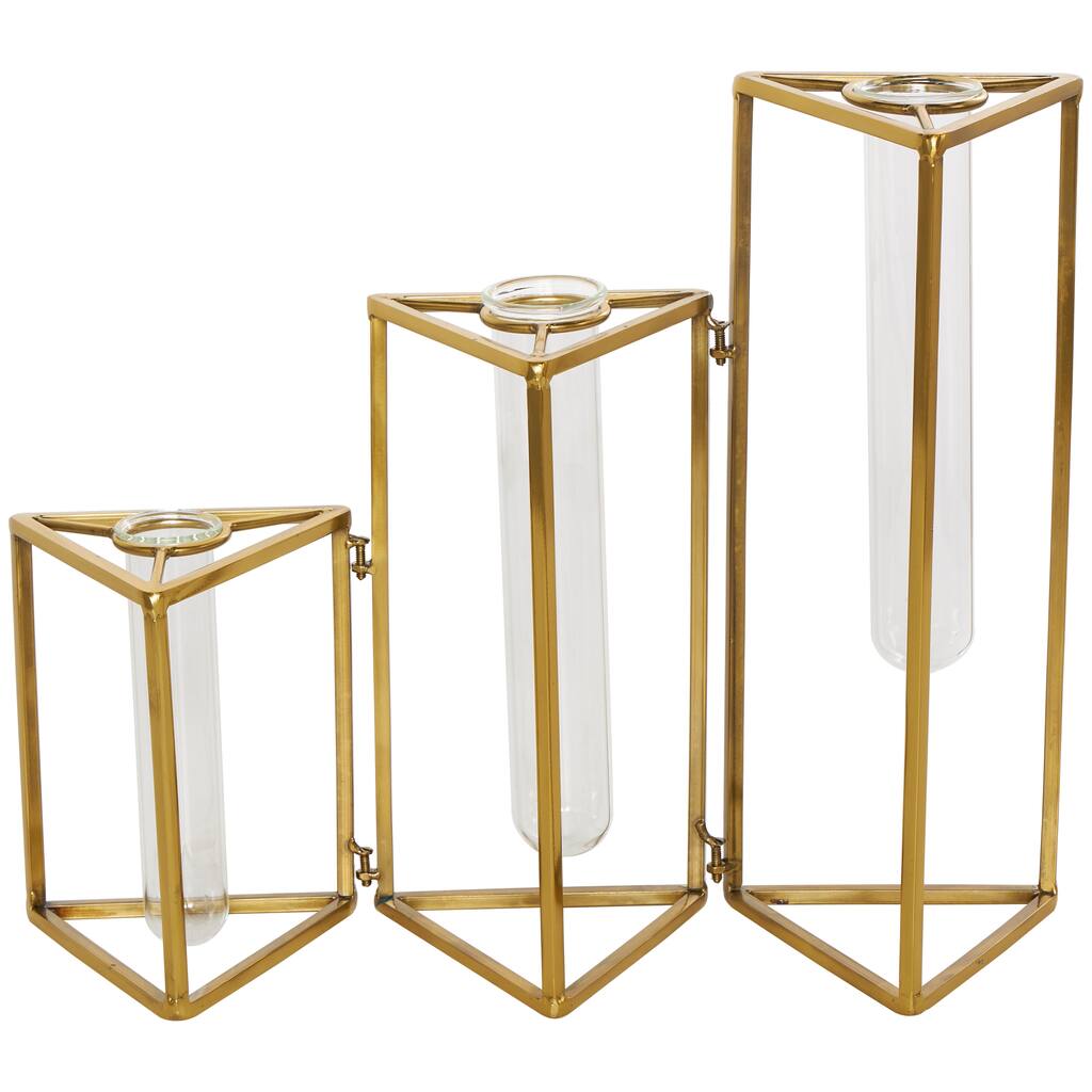 Stainless Steel Metal Foldable Test Tube Bud Vase with Triangular Frames - Gold - Roche River Decor - 4"W x 14"L x 12"H