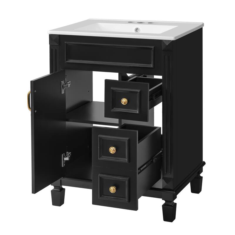 24" Bathroom Vanity with Ceramic Sink Bathroom Storage Cabinet with 2 Drawers and Adjustable Shelf