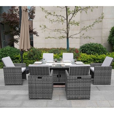 7-Piece Patio Wicker Rectangle Firepit Table with Chairs