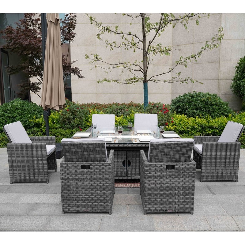 7-Piece Patio Wicker Rectangle Firepit Table with Chairs