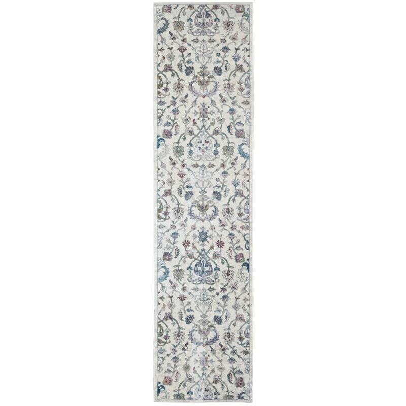 Gaia Traditional Floral Damask Performance Indoor Area Rug by Sevita - 2'3 x 8'9 - Ivory/Blue