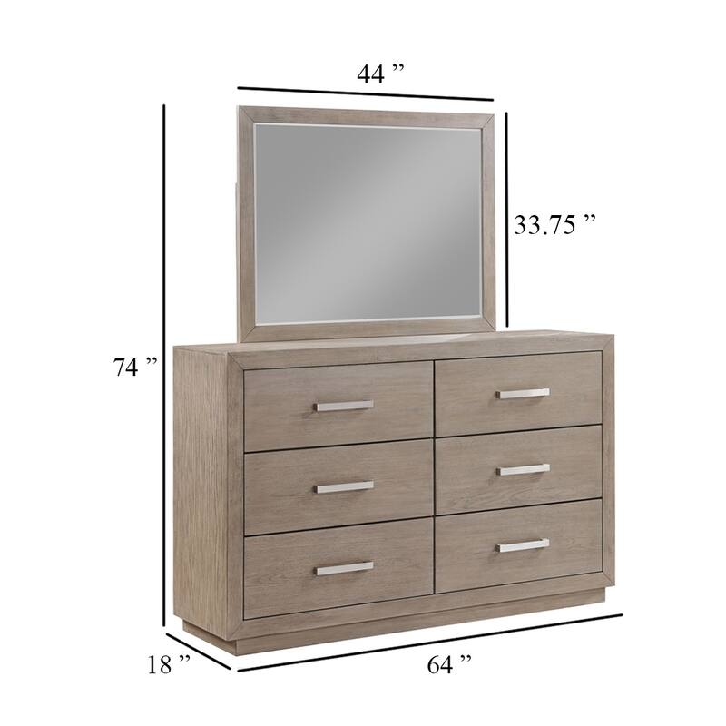 Keno Wide Dresser with Mirror, 6 Drawer Bar Handles, Barley Brown Wood