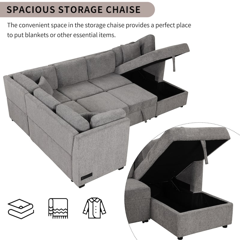U-shaped Sectional Sofa Pull out Sofa Bed,2 USB Ports,2 Power Sockets,3 Back Pillows,Storage Chaise