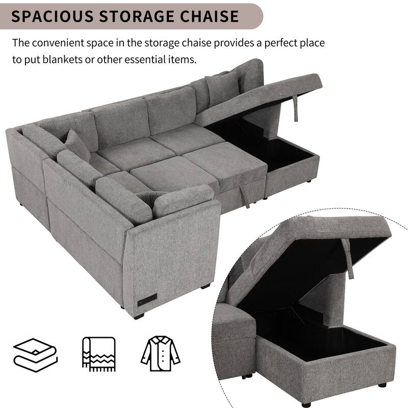 U-shaped Sectional Sofa Pull out Sofa Bed with Two USB Ports, Two Power Sockets, Three Back Pillows and a Storage Chaise
