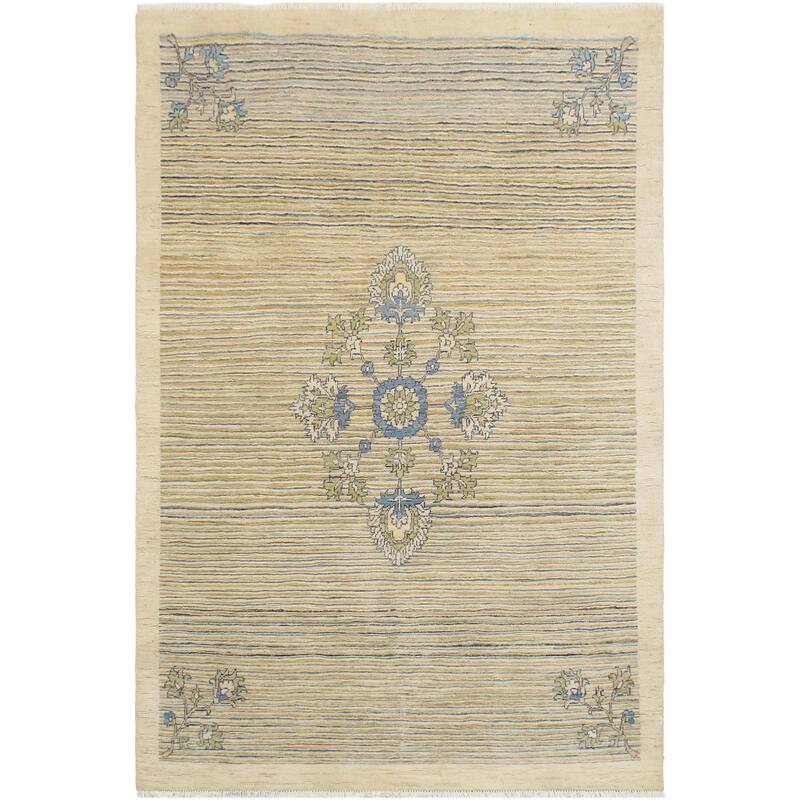 Vintage Inspired Gabbeh Floral Medallion Hand Knotted Area Rug - 4'7'' x 6'4'' - Beige/Blue/Green/Brown