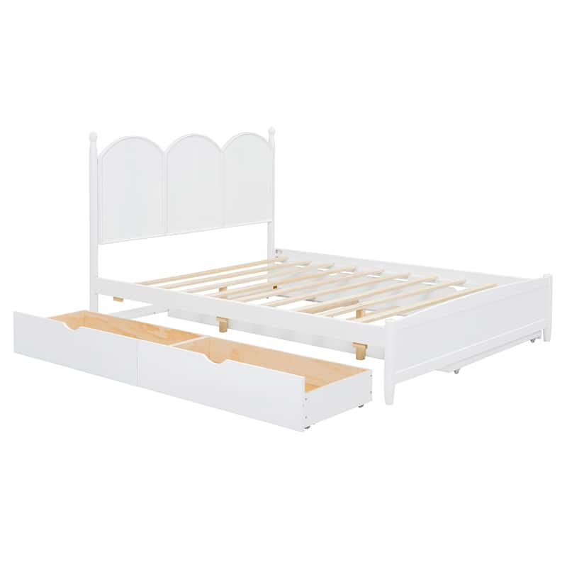 Rustic Wooden Platform Bed Frame with Twin XL Trundle & 2 Storage Drawers/Queen Size Bed Frame with Curved Headboard & Rounded