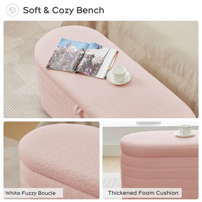 45" White Teddy Storage Ottoman Bench for Living Room Bedroom,Oval Sherpa Storage Bench Ottoman Foot Rest Anti-slip Legs
