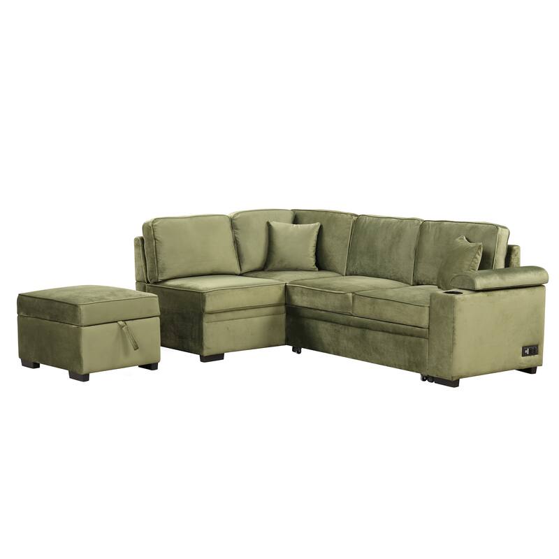 Sleeper Sofa Bed with Storage Ottoman, 2 in 1 Convertible Sectional Sofa Couch, Velvet 4-Seater Sofa with Cup Holder