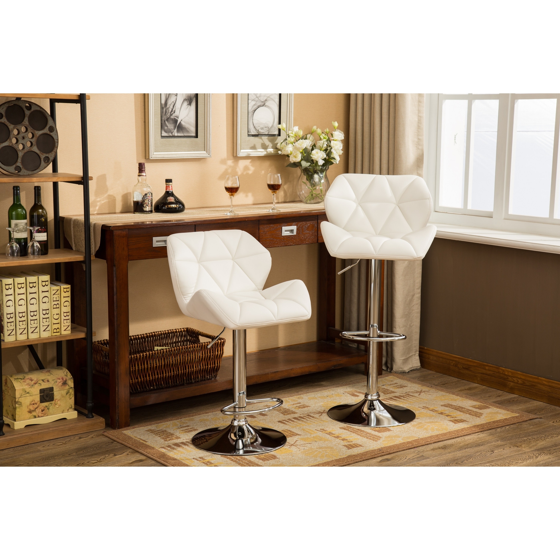 Ostweer Furniture Set of 2 Tufted Adjustable Height Hidraulic Bar Stools - White