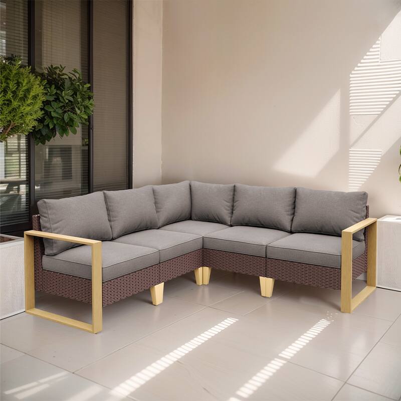 Outdoor PE Wicker Patio Conversation Sofa - Grey - Brown