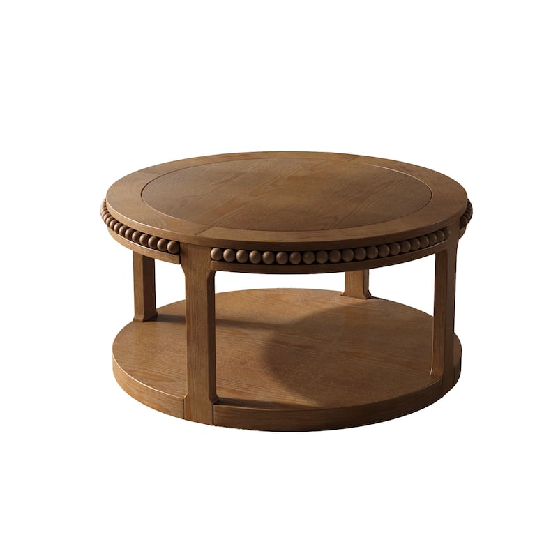 Medieval-Style Round Coffee Table with 2-Tier Storage Shelf and Wood-Grain Tabletop, for Living Rooms, Black