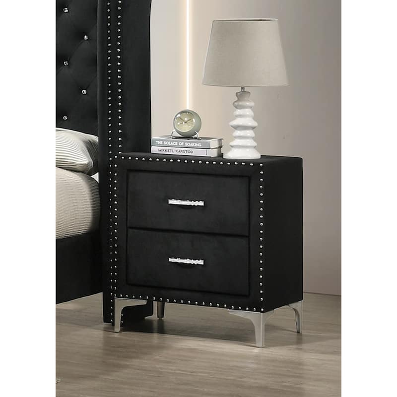 1pc Two Drawers Nightstand Fabric Upholstered Nailhead Tufted - Black