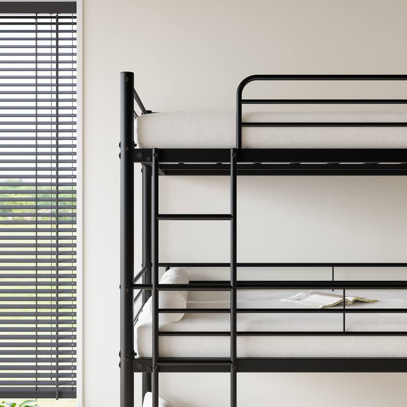 Triple Twin Bunk Beds, Twin Over Twin Over Twin Metal Bunk Bed Platform Frame, Two Attached Ladders