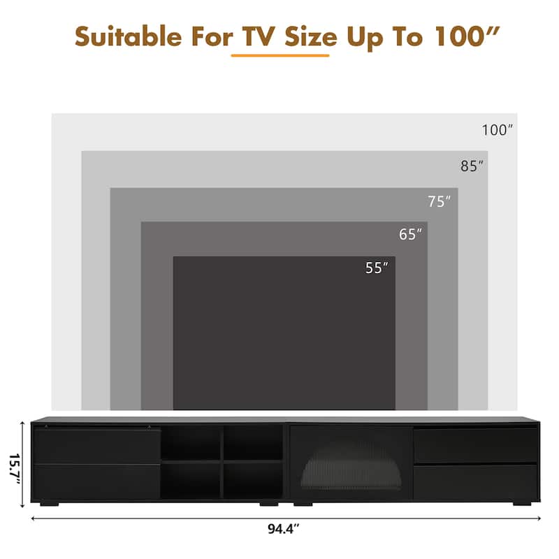 94.4" Modern TV Stand for 100" TVs, Arched Tempered Glass Door, Sliding Panel & 2 Drawers, App-Controlled LED Console