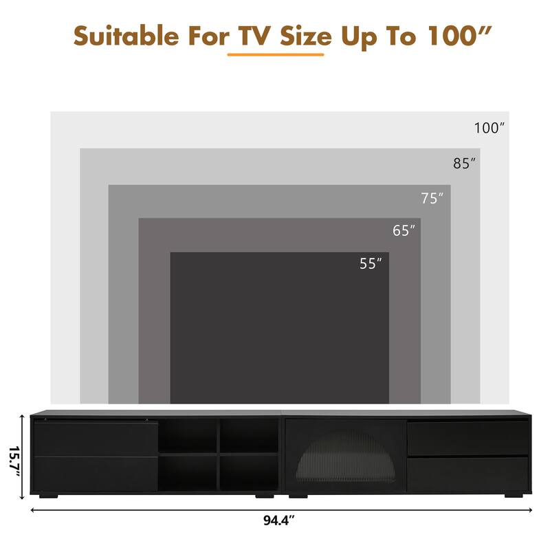 Modern TV Stand with Fluted Glass Door,2 Drawers and LED Light