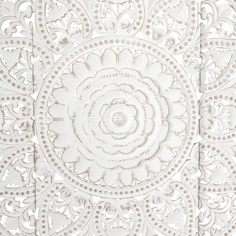 Wooden Handmade Intricately Carved Floral Wall Decor with Mandala Design (Set of 3) - Brown or White