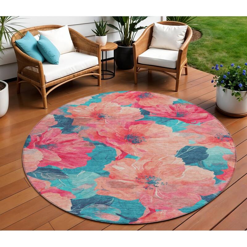 HomeRoots Floral Transitional Rectangle Outdoor Rug - Salmon/Blue - 8' Round